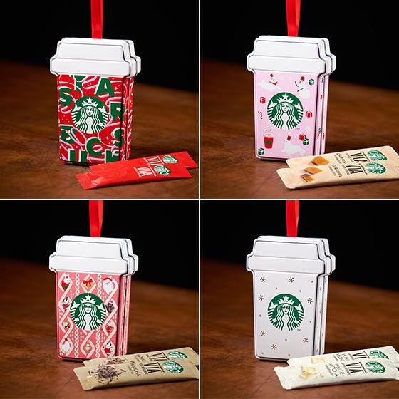 スターバックス ヴィア® 2本入り オーナメント缶（上段左：クリスマス ブレンド 上段右：キャラメル 下段左：ほうじ茶 下段右：ホワイト モカ）